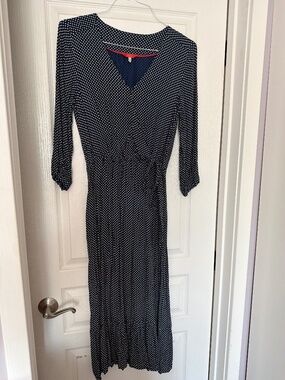 Joules Polka Dot Wrap Midi Dress | Size S | Navy White | Tie Waist